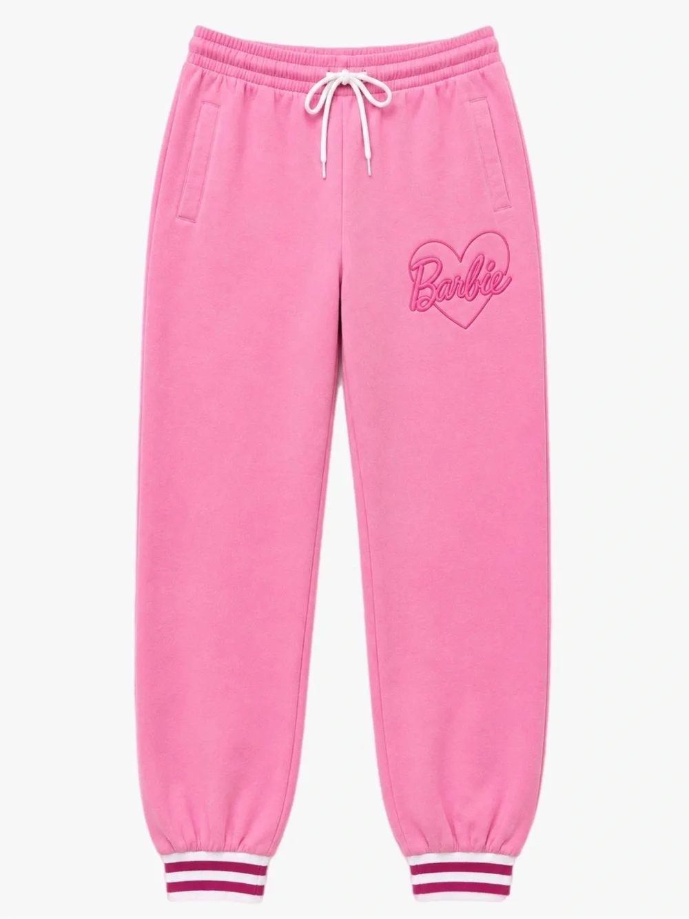 Barbie Pink Fleece Jogger Sweatpants Heart Graphic Stripe Cuff Size Large